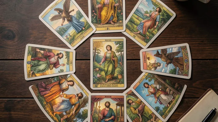 Расклад Таро Круг на знакомство: шесть карт по кругу и одна в центре на деревянном столе