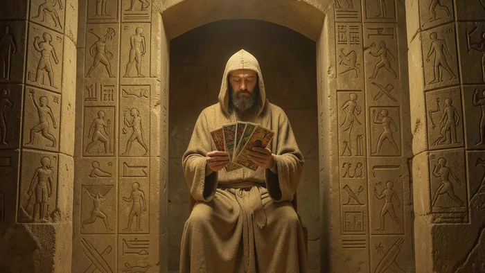 Расклад Таро «Лабиринт» на Египет — иллюстрация древнего лабиринта с картами Таро и тарологом в центре.