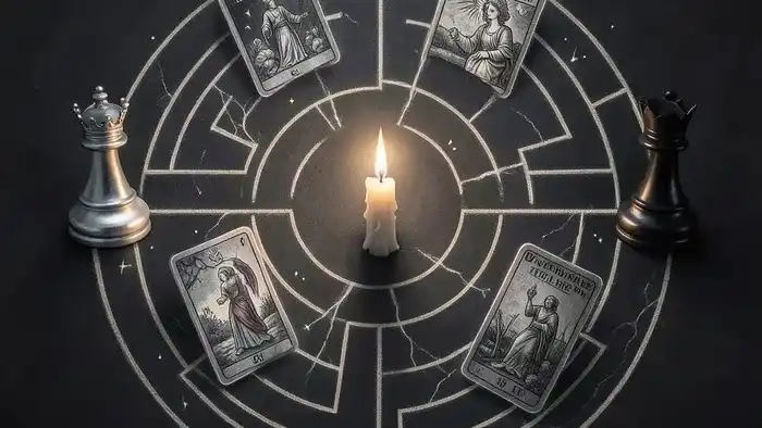 Расклад Таро Лабиринт на конкурентов — символическое изображение лабиринта со свечой в центре и шахматными фигурами по бокам