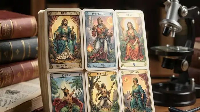 Расклад Таро «лента Мёбиуса» – в��зуальная схема с картами на фоне научных атрибутов