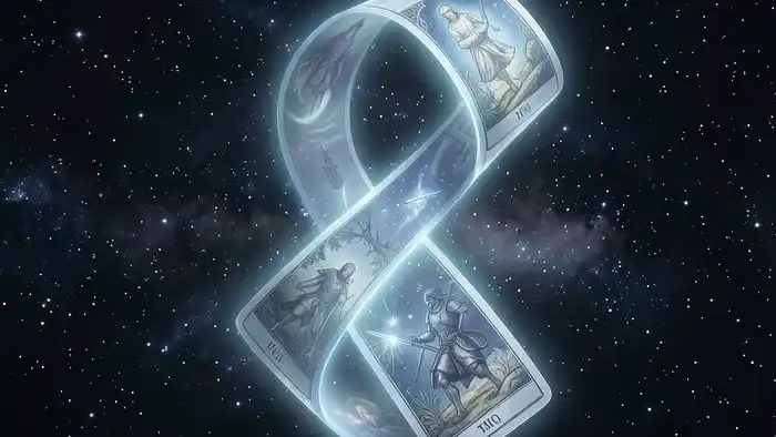 Расклад Таро Лента Мёбиуса — символическая иллюстрация бесконечной петли с изображениями карт Таро для поиска пропавшего человека