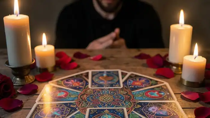 Расклад Таро «мандала» на приворот на мужчину, изображение мандалы с картами и свечами
