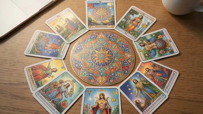 Расклад Таро «мандала» на рабочую атмосферу – мандальная схема с картами на столе