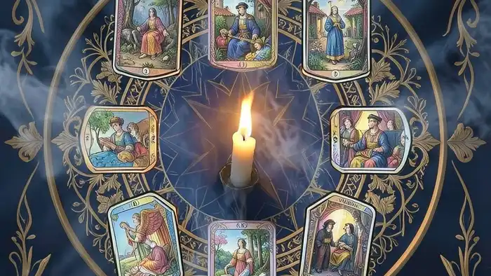 Расклад Таро "мандала" на выгорание — схема позиций с картами и свечой в центре