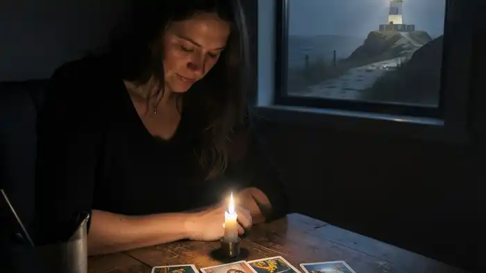 Расклад Таро "маяк" на лень — 7 карт, раскрытые на столе, в тишине, с маяком в окне