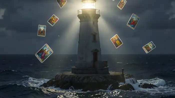 расклад Таро «маяк» на перемены в жизни изображение маяка и карт таро