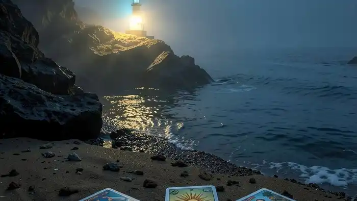 Расклад Таро "маяк" на поступление — схема из семи карт на берегу в тумане с маяком вдалеке