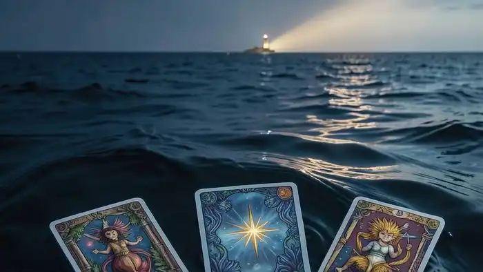 Расклад Таро "маяк" на самооценку — пять карт, плавающих в океане, освещённые светом маяка