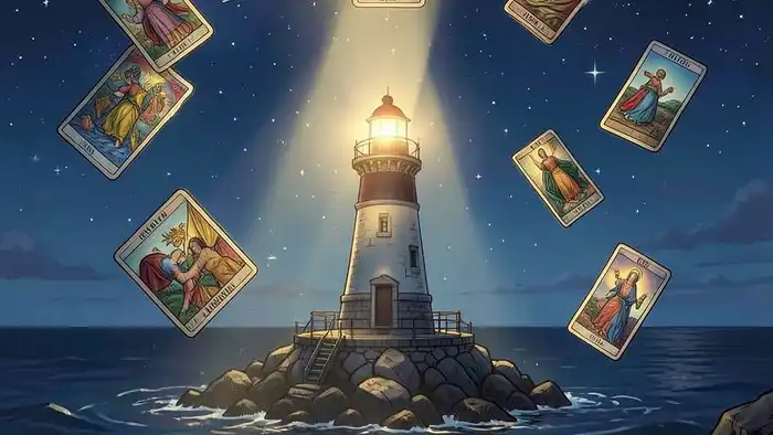 Расклад Таро «маяк» на самореализацию — изображение маяка и карт Таро
