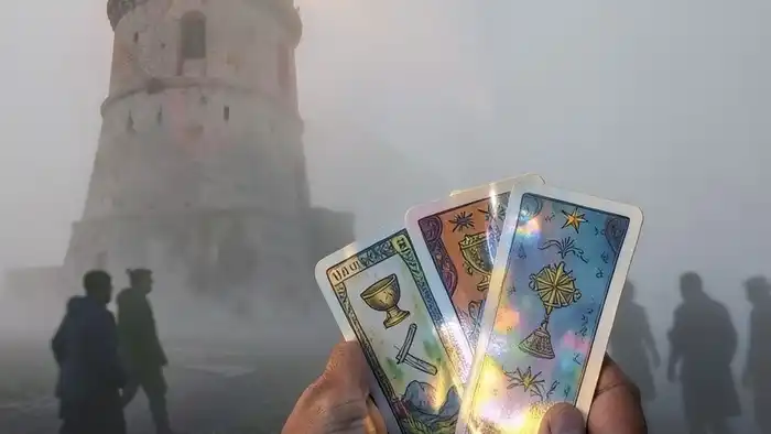 Расклад Таро "маяк" на зарплату и повышение — семипозиционная схема с картами и символами навигации