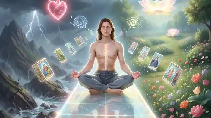 Расклад Таро Мост на медитацию и здоровье: человек медитирует на светящемся мосту между хаосом и гармонией, окруженный картами Таро