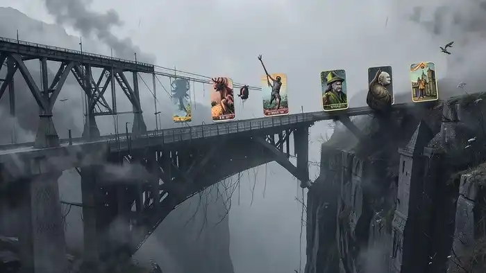 Расклад Таро "мост" на банкротство — схема семи позиций с символами карт, показывающих путь из финансового кризиса