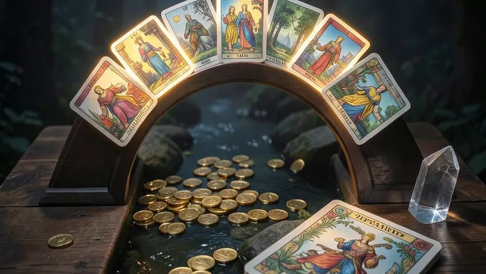 Расклад Таро Мост на доход — семь карт, выложенных в форме арки над потоком золотых монет на деревянном столе.