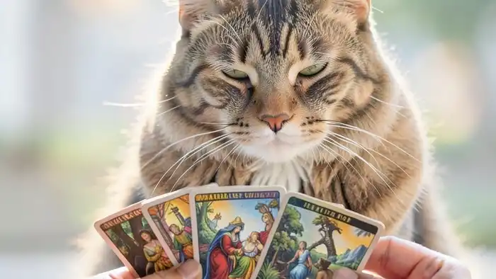 Расклад Таро "мост" на домашних животных: кошка наблюдает за картами, держащими человек