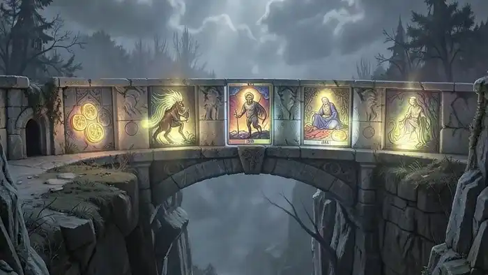 Расклад Таро "мост" на финансы — схема из семи позиций с картами, символизирующие внутренние блоки и ресурсы