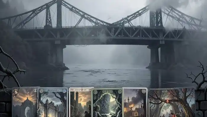 Расклад Таро "мост" на работу — схема из семи позиций с картами, изображёнными на мосту над туманной рекой