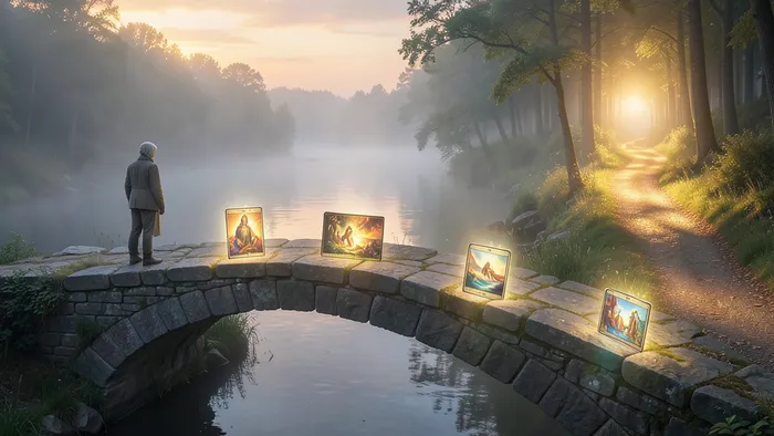 Расклад Мост Таро — символическое изображение моста через реку с картами Таро, ведущими от одного берега (настоящее) к другому (будущее)