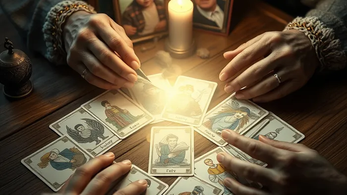 Расклад Таро на 10 карт на бабушку: руки бабушки держат карты Таро на деревянном столе с семейными фотографиями