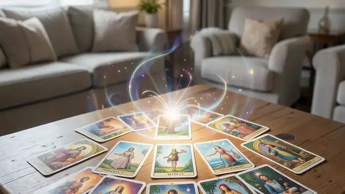 Расклад Таро на 10 карт для гармонии в доме, изображение уютной гостиной с картами