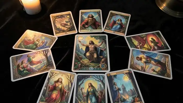 Расклад Таро на 10 карт на неожиданность, изображение расклада на столе
