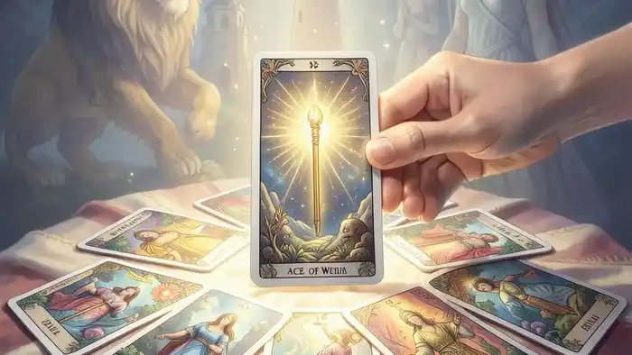 Расклад Таро на 12 карт на уверенность в себе: рука выкладывает последнюю карту на схему из 11 других под лучом надежного света
