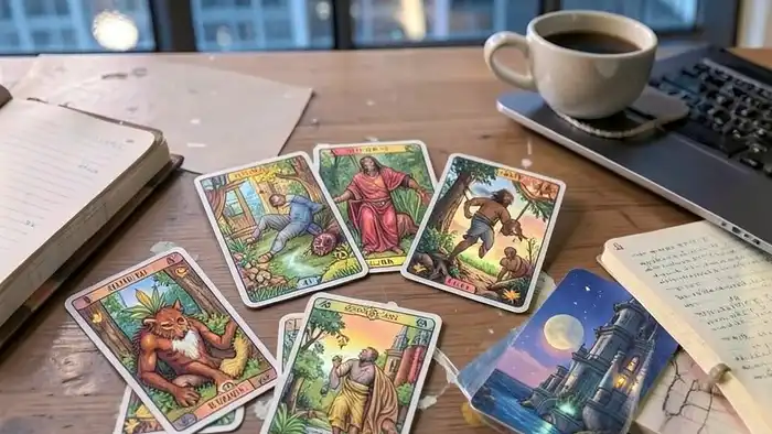 Расклад Таро на 5 карт на чувства к коллеге: Маг, Дьявол, Повешенный, Башня, Мир