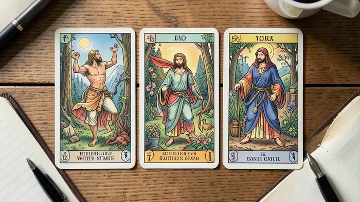 Расклад Таро на 5 карт для нетворкинга на деревянном столе с картами колоды Райдера-Уэйта