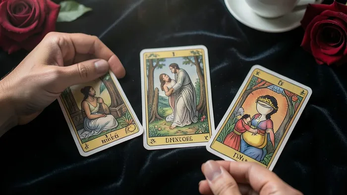 Расклад Таро на 5 карт на романтику: руки раскладывают карты на бархатной ткани в детальной схеме