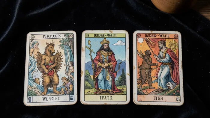 Расклад Таро на 5 карт на сессию: пять карт из колоды Райдера-Уэйта, выложенных для консультации на тёмной ткани.