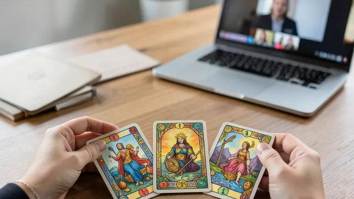 Расклад Таро на 5 карт на удаленную работу: руки раскладывают карты на столе в домашнем офисе