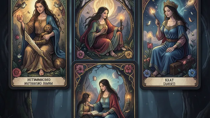 Расклад Таро на 7 карт на интимную жизнь: схематичное изображение выкладки карт на темном фоне