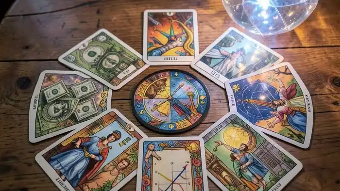Расклад Таро на 7 карт для инвестиций, символы денег и финансовых графиков