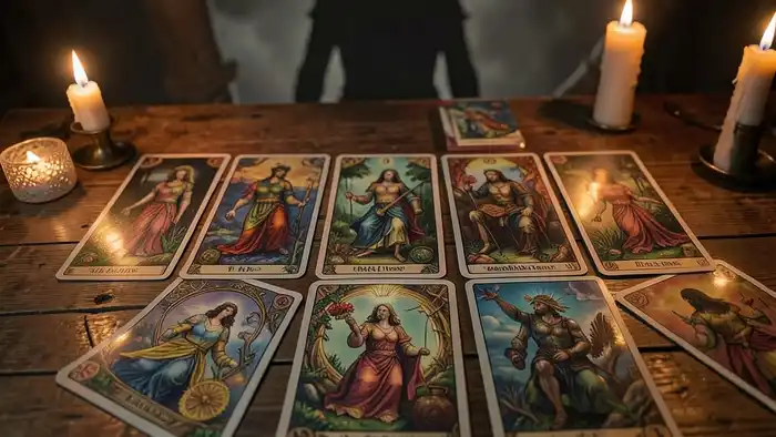 Расклад Таро на 7 карт — изображение расклада с символикой поиска пропавшего человека