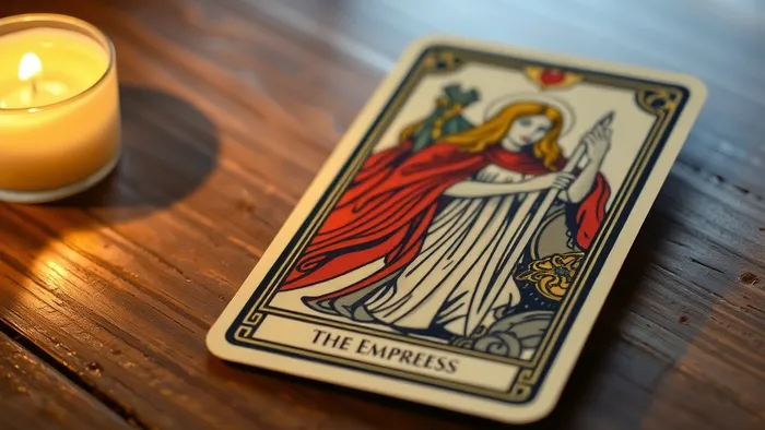 Расклад Таро на одну карту на друга — карта Императрица на деревянном столе, символизирующая быстрый ответ в дружбе