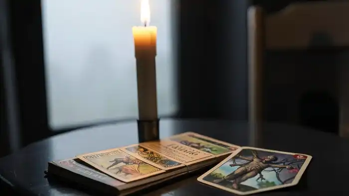 Расклад Таро на одну карту на ДТП — карта Повешенный на фоне свечи и тумана