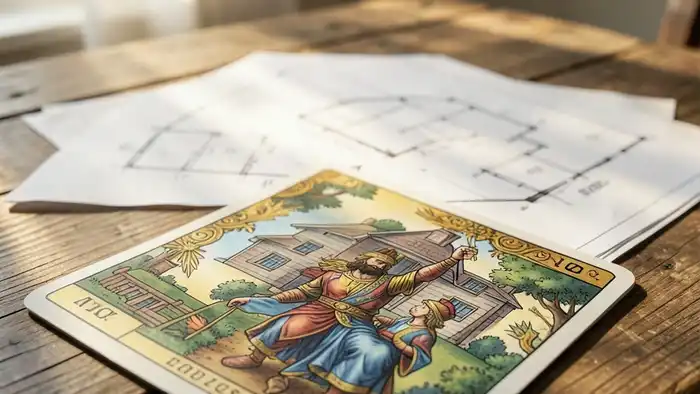 Расклад Таро «на одну карту» на строительство дома — изображение карты Императора на фоне плана дома