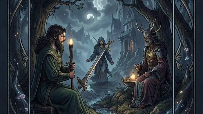 Расклад Таро на одну карту на земельный вопрос — символическая иллюстрация с картой и природным ландшафтом