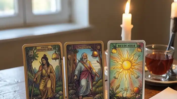 Расклад Таро на три карты на гармонию в доме: Пятерка Мечей, Отшельник, Солнце