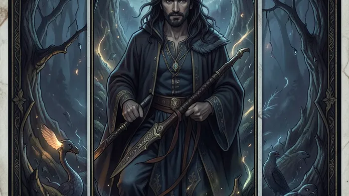 Расклад Таро на три карты на подростковый кризис с картами 5 Мечей, Колесница и 9 Кубков на столе