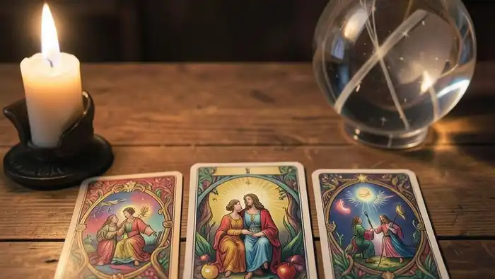 Расклад Таро на три карты — изображение мистической сцены с картами и свечой