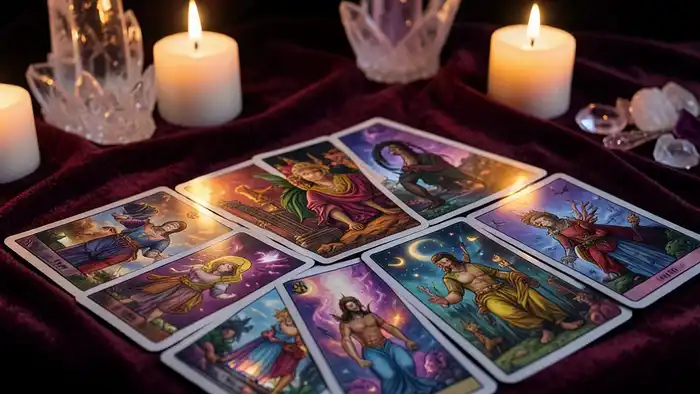 Расклад Таро на три карты на венец безбрачия: Повешенный, Королева Кубков, Пентакли 3