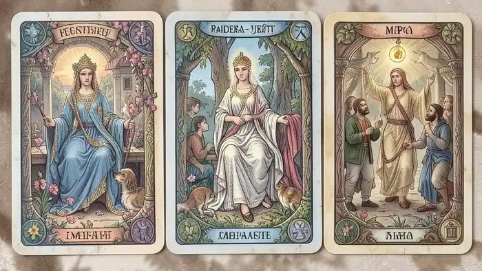 Расклад Таро на три карты на замужество: Императрица, Верховная Жрица, Мир — схема интерпретации
