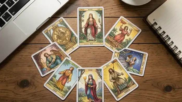 Расклад Таро на все сферы жизни для фрилансера: шесть карт на рабочем столе с ноутбуком