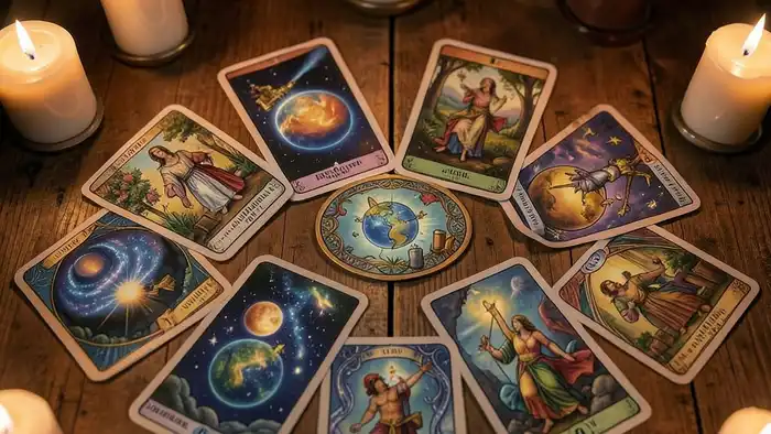 Расклад Таро на все сферы жизни на долги – изображение расклада с картами и свечами