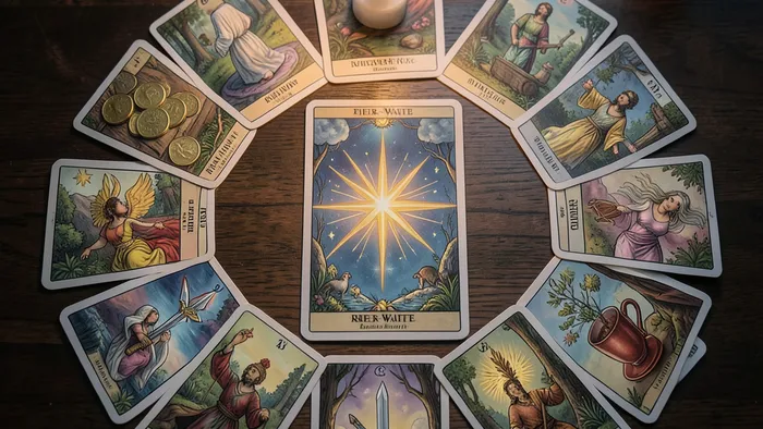 Расклад Таро на все сферы жизни на мечту: карты разложены по кругу на тёмном дереве, в центре карта Звезда