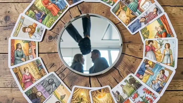 Расклад Таро на все сферы жизни на рабочую атмосферу — схема позиций с картами и зеркалом, отражающим коллектив