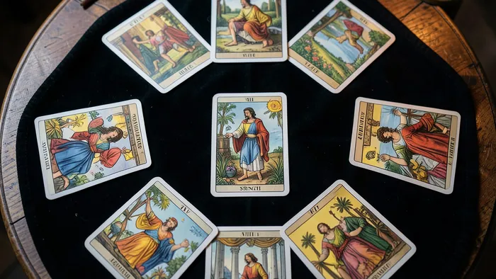 Расклад Таро на все сферы жизни - Колесо жизни из карт на столе с центральной картой Сила