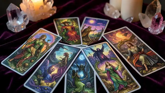 Расклад Таро "окно в будущее" на подарок с пятью картами и конвертом на деревянном столе