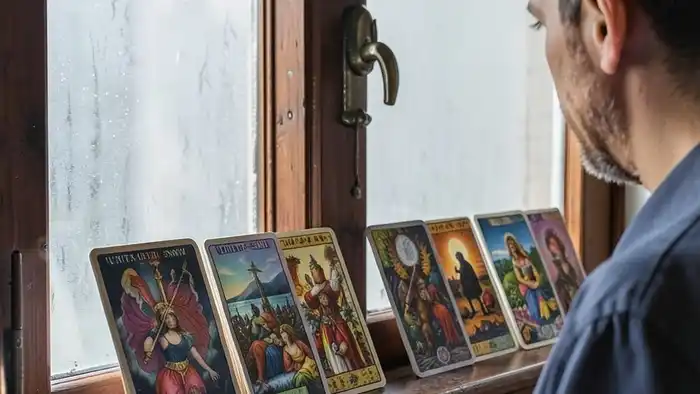Расклад Таро "окно в будущее" — схема семи позиций с картами, изображающая глубокий анализ текущей ситуации и внутренних уроков
