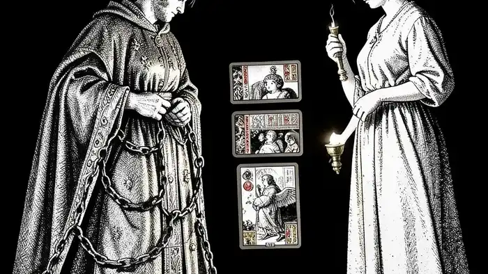 Расклад Таро "он и она" на абьюз — схема из девяти карт, иллюстрирующая динамику психологического насилия в отношениях